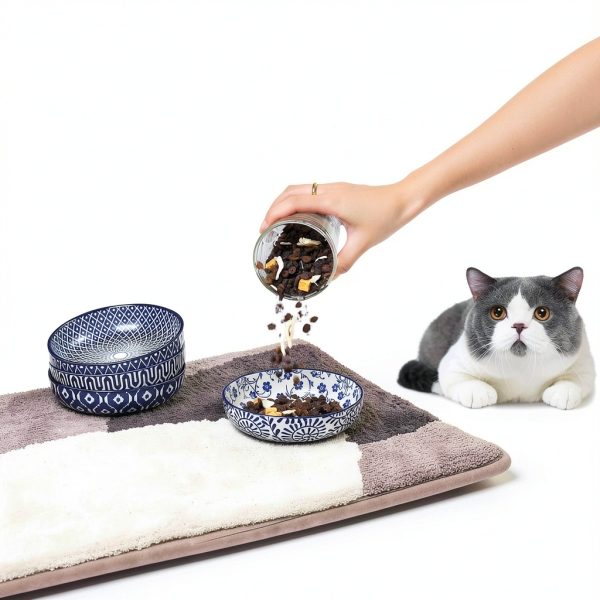 Ceramic Cat Food Bowl Set of 4 Selamica Blue 5.6 Inch Bowls-3
