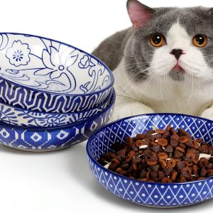 Ceramic Cat Food Bowl Set of 4 Selamica Blue 5.6 Inch Bowls-0