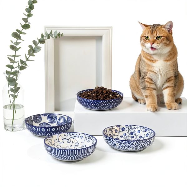 Ceramic Cat Food Bowl Set of 4 Selamica Blue 5.6 Inch Bowls-2