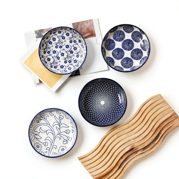 Ceramic Cat Food Bowl Set of 4 Selamica Blue 5.6 Inch Bowls-5