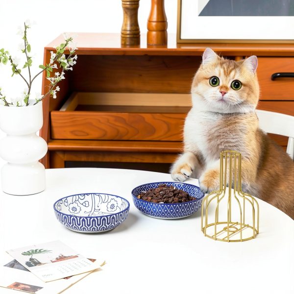 Ceramic Cat Food Bowl Set of 4 Selamica Blue 5.6 Inch Bowls-4