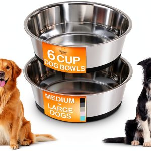 Neater Pet Brands Stainless Steel Dog Bowls with Non-Slip Rubber Bottom – Set of 2, 6 Cup (48 oz), Black - Heavy Duty Metal Dog Bowl, Dishwasher Safe, Food or Water Bowl, Ideal for Large Dogs-0