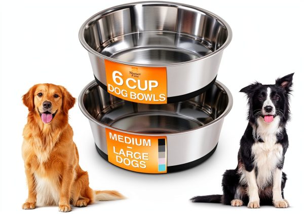 Neater Pet Brands Stainless Steel Dog Bowls with Non-Slip Rubber Bottom – Set of 2, 6 Cup (48 oz), Black - Heavy Duty Metal Dog Bowl, Dishwasher Safe, Food or Water Bowl, Ideal for Large Dogs-0