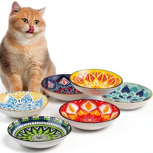 Ceramic Cat Bowls Set of 6 - Colorful Cute Shallow Cat Dishes - 5.75-Inch, Whisker Friendly and Wide - Microwave & Dishwasher Safe - 8.5 oz (250 ml)-0